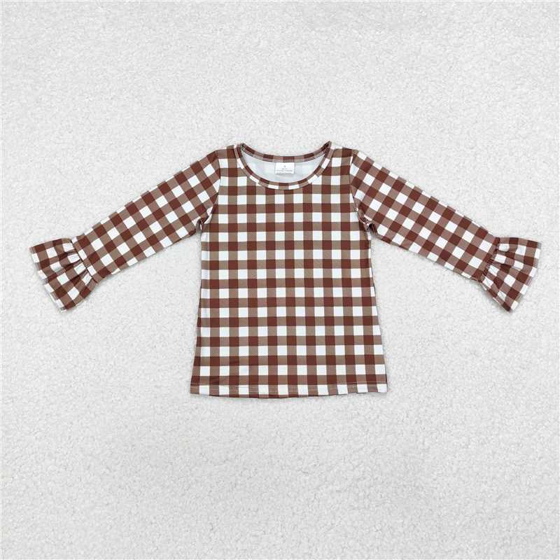 GT0738 Brown plaid lace long-sleeved top