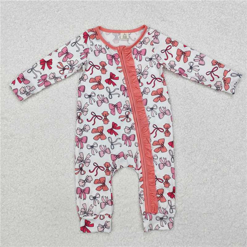 LR1905 Modal long-sleeved bodysuit with white zipper and bow pattern