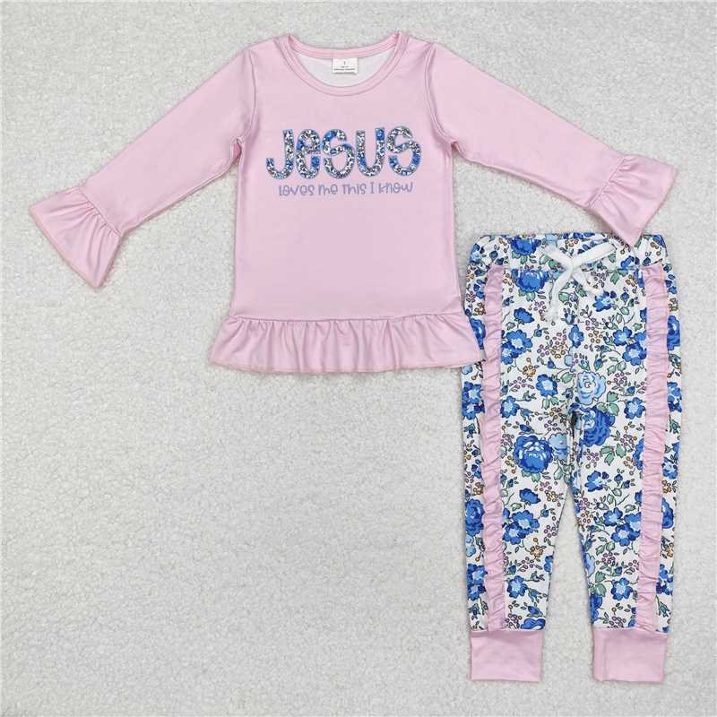 GLP1670 jesus letter pink lace long-sleeved flower trousers suit