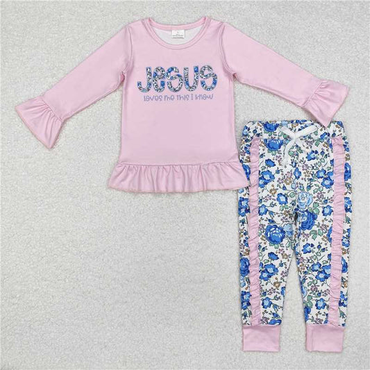 GLP1670 jesus letter pink lace long-sleeved flower trousers suit