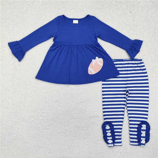 GLP1547 Embroidered rugby solid blue long sleeve striped trousers set