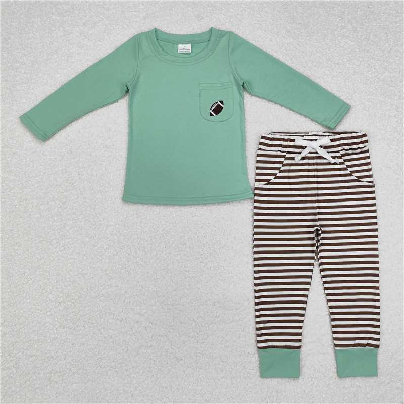 BLP0793 Embroidered rugby pocket green long sleeve brown striped trousers set