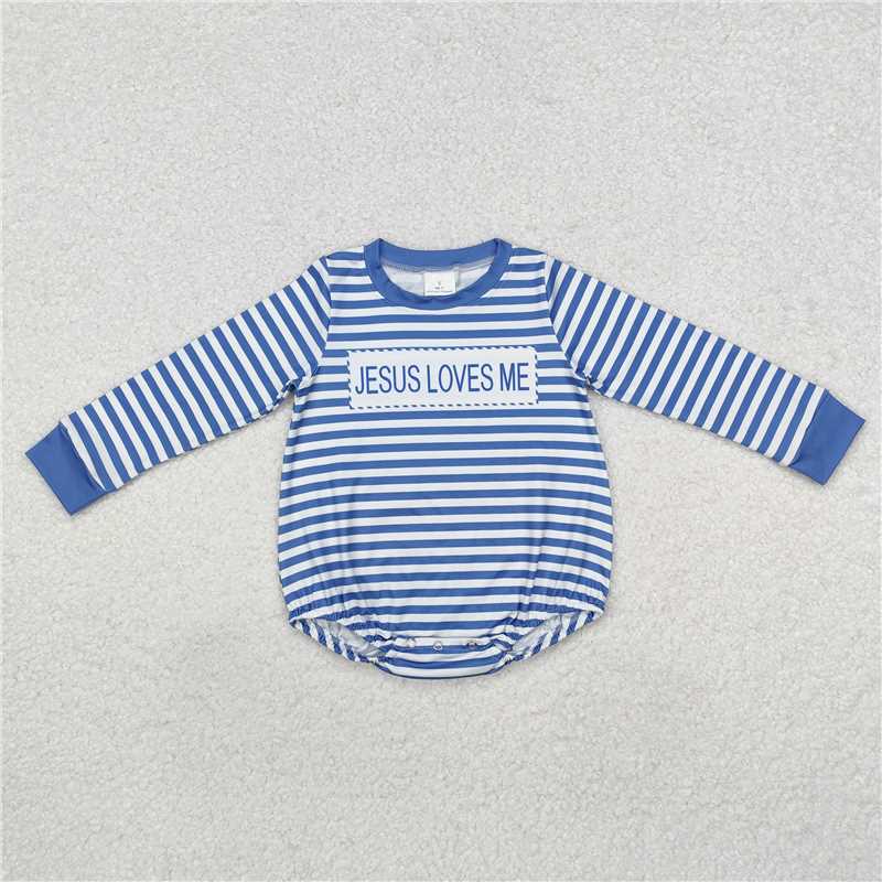 LR1556 jesus loves me striped blue long-sleeved jumpsuit