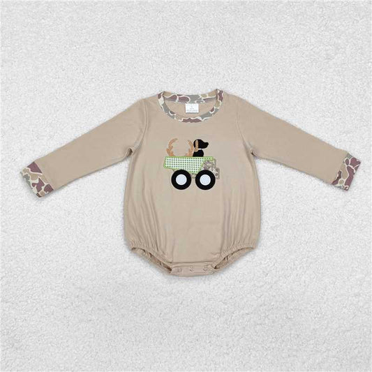 LR1825 Embroidered Deer Horns Puppy Truck Camouflage Long Sleeve Bodysuit