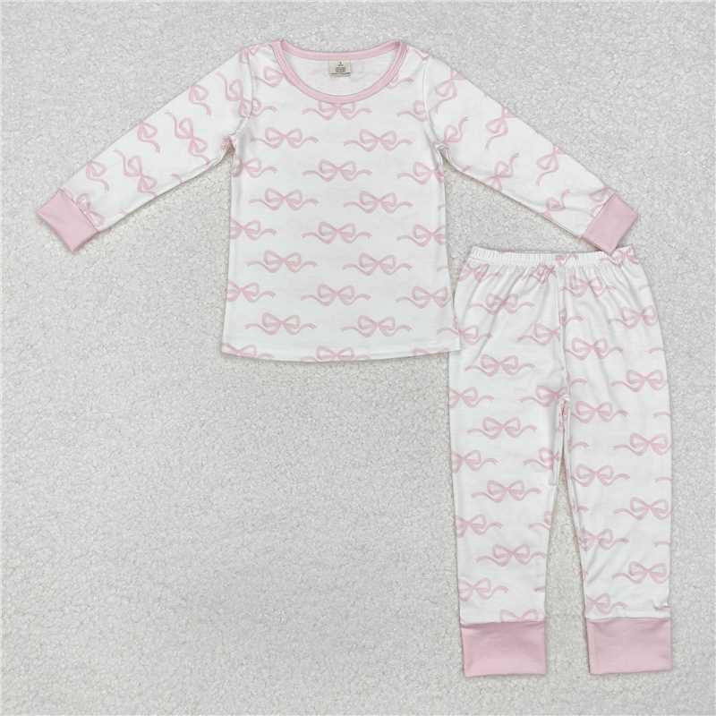 GLP2180 Modal pink bow pattern white long-sleeved trousers pajama set