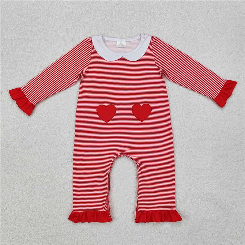 LR2113 Embroidered Valentine's Day red heart lace doll collar striped long-sleeved jumpsuit