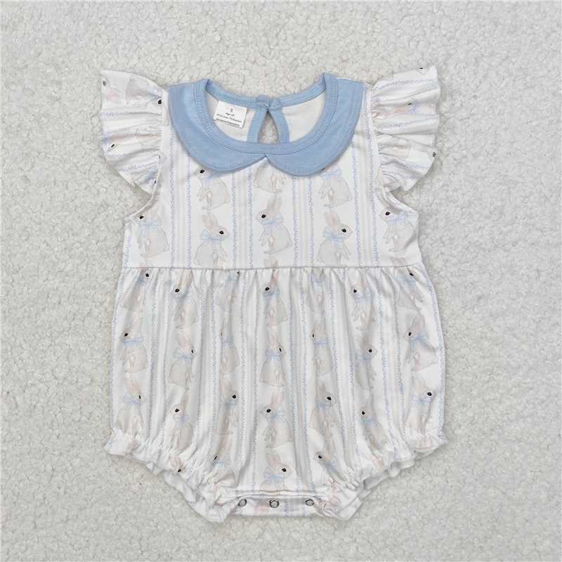 SR2132 Easter bunny bow pattern blue doll collar white vest onesie