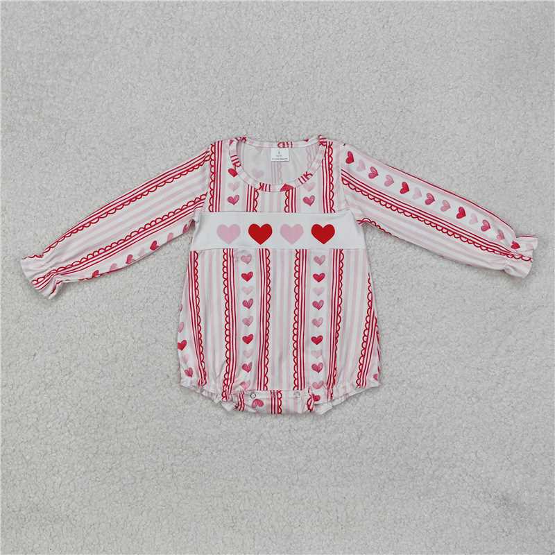 LR2134 Pink and white long-sleeved bodysuit with Valentine's Day heart lace stripes