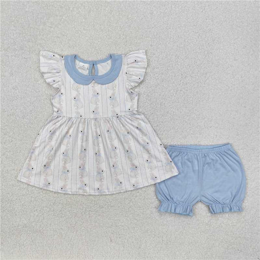 GSSO1525 Easter bunny bow pattern blue doll collar white flying sleeves shorts set