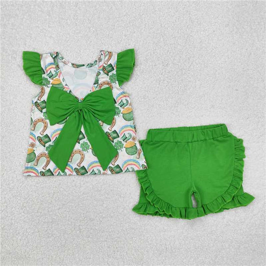 GSSO1713 Four-leaf clover gold coin rainbow hat green bow flying sleeve shorts set