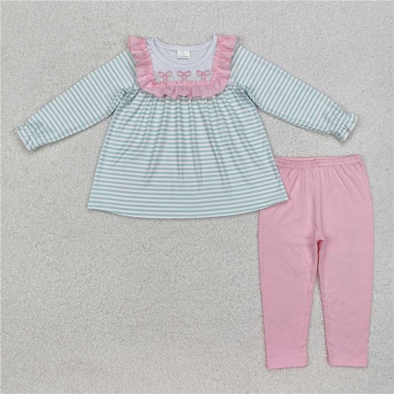 GLP2135 Embroidered bow pattern striped pink lace long sleeve trousers set