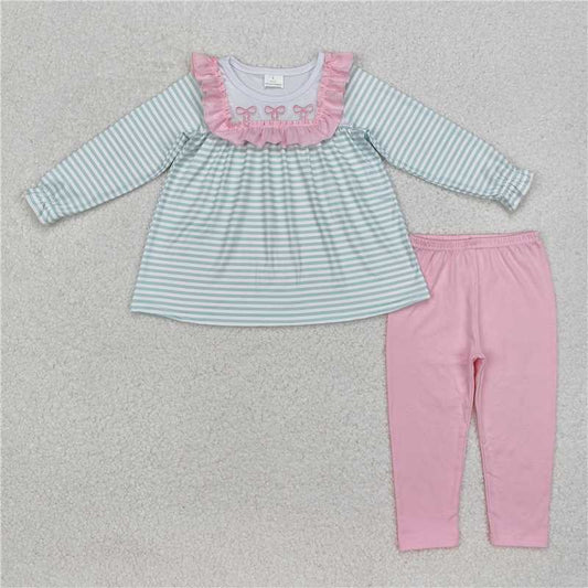 GLP2135 Embroidered bow pattern striped pink lace long sleeve trousers set