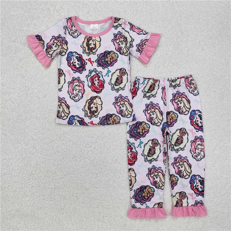 GSPO1846 Disney Princess colorful bow pattern pink lace short-sleeved long pants pajamas set