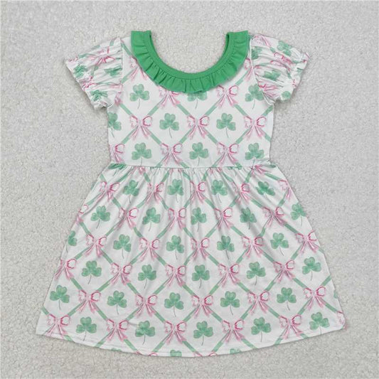 GSD1493 White short-sleeved dress with green lace and four-leaf clover bow pattern