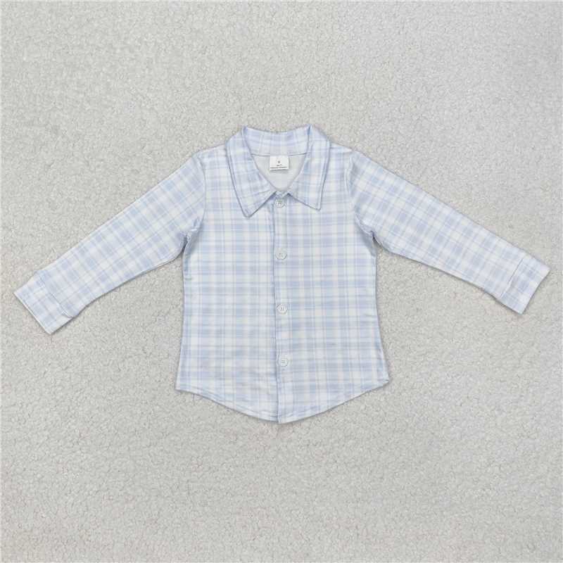 BT1075 Easter blue plaid button-down long-sleeved top