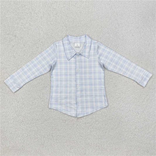 BT1075 Easter blue plaid button-down long-sleeved top