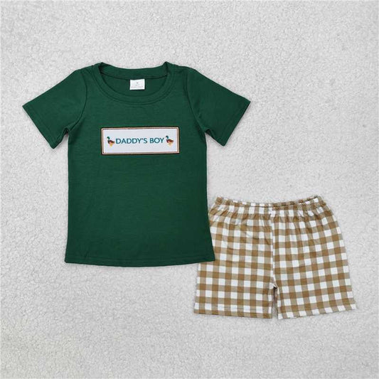 BSSO1132 Embroidered daddy's boy duck green short-sleeved plaid shorts suit