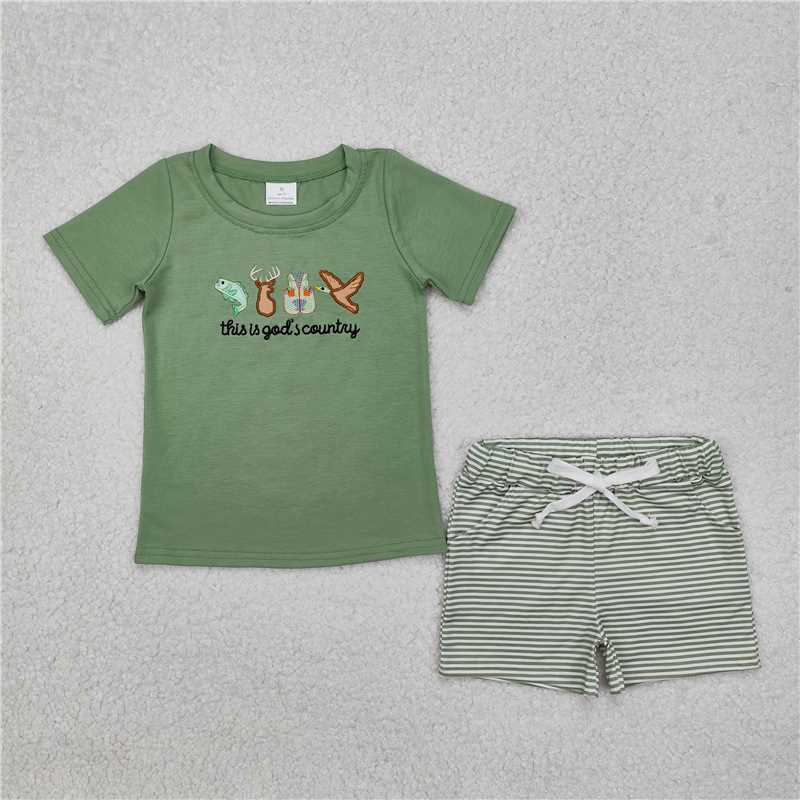 BSSO1108 Embroidered god's country fish and deer vest duck green short sleeve striped shorts suit