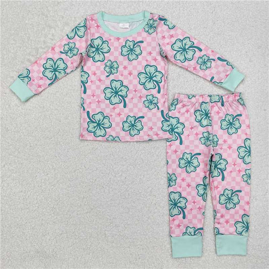 GLP2192 Four-leaf clover pink plaid green trim long-sleeved trousers pajama set