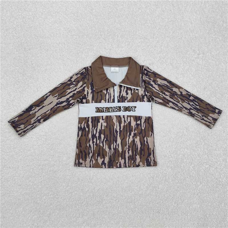 X901 BT0971 Embroidered Mama's Boy Army Green Camouflage Zipper Long-Sleeved Top