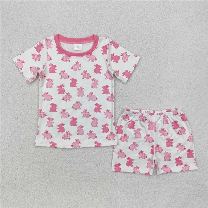 GSSO1700 Easter plaid polka dot bunny pink and white short-sleeved shorts pajama set