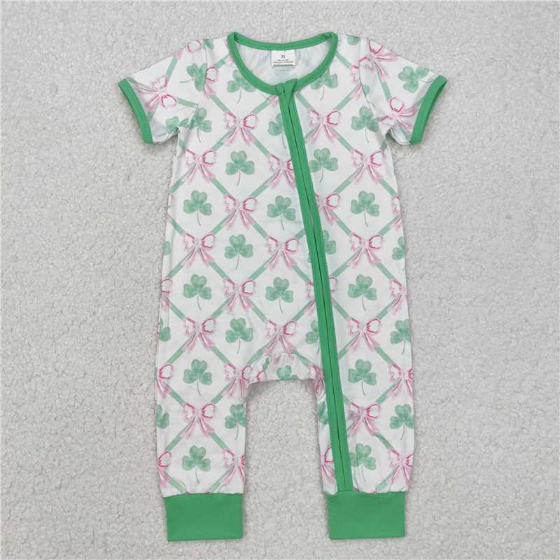 SR2109 Green and white zippered short-sleeved jumpsuit with four-leaf clover bow pattern