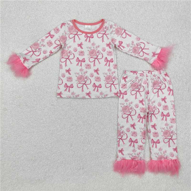 GLP2215 Beige long-sleeved trousers pajama set with flower and bow pattern and pink plush trim