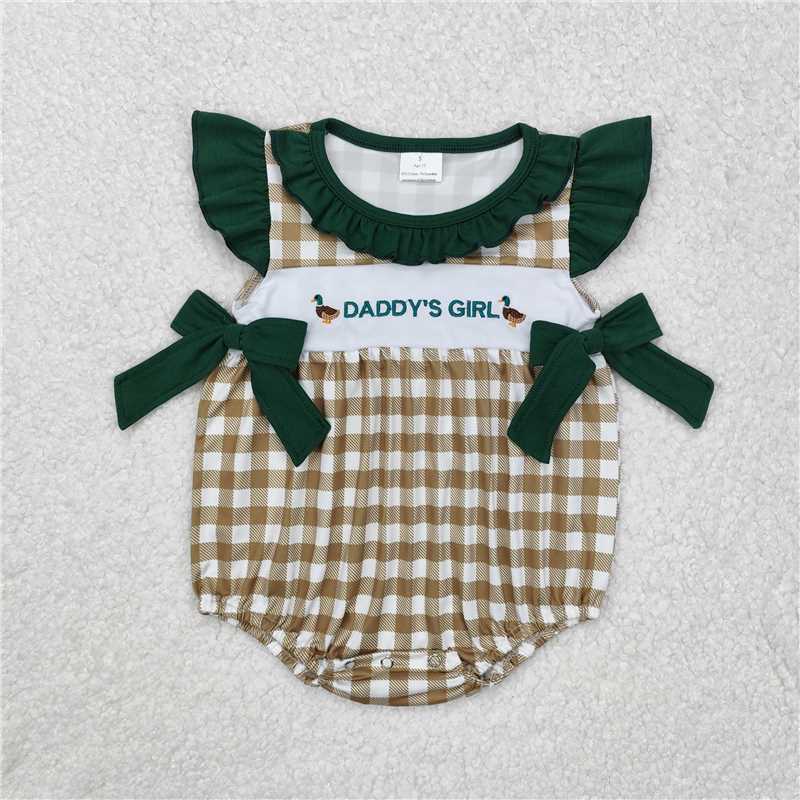 SR2304 Embroidered daddy's girl duck green lace bow plaid vest jumpsuit