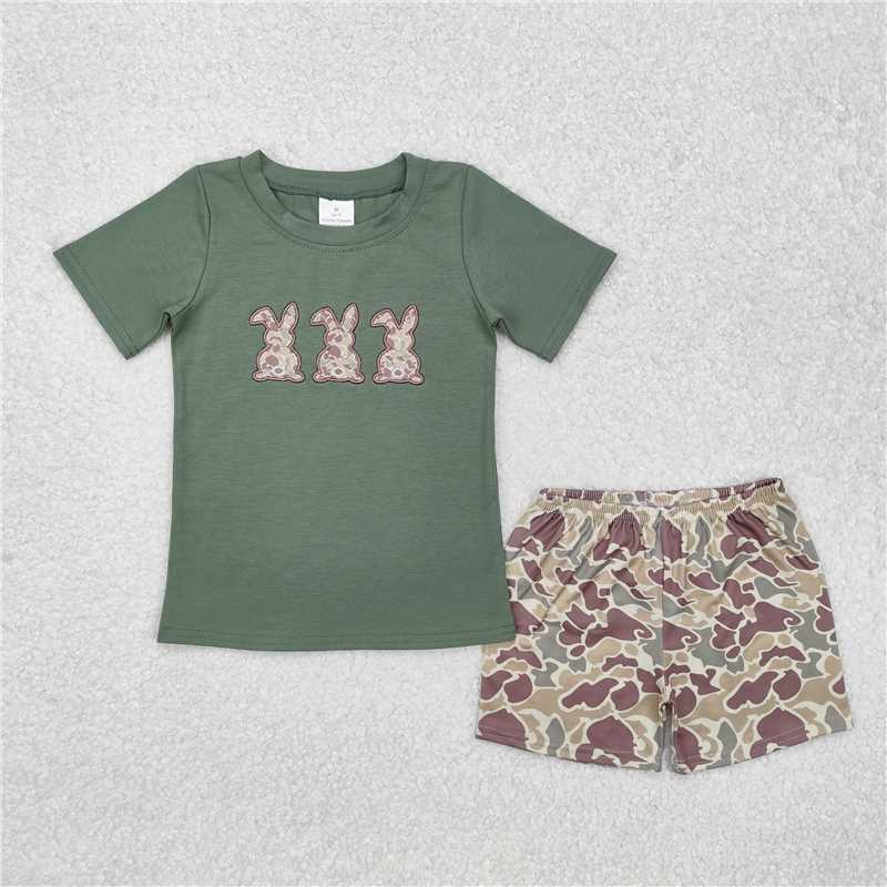 BSSO1004 Embroidered camouflage rabbit green short-sleeved shorts set