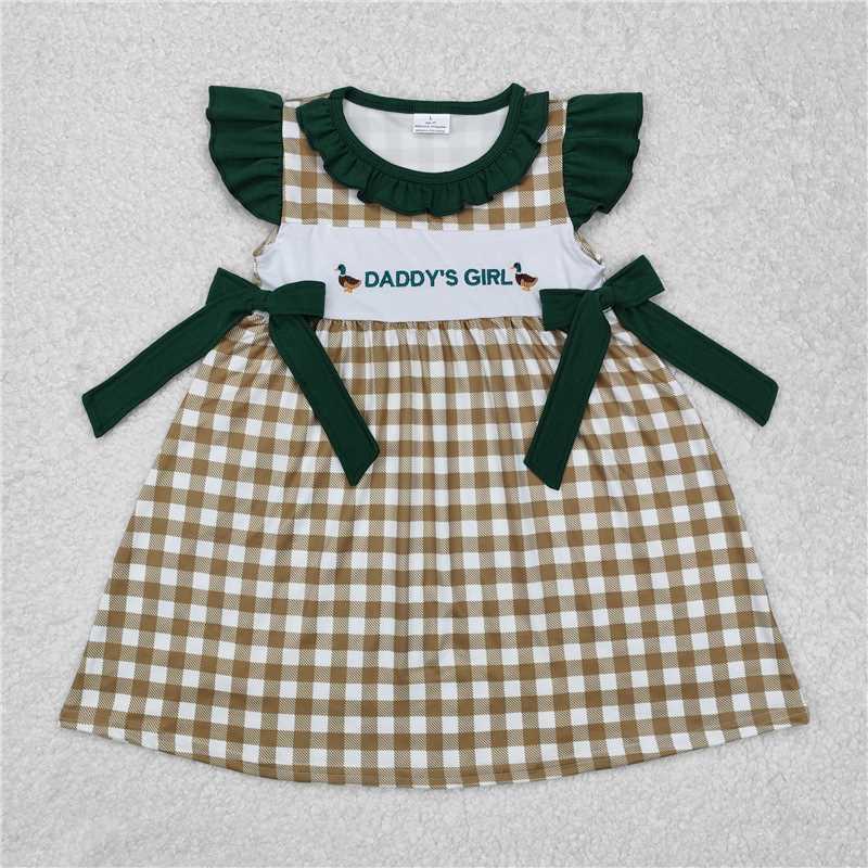 GSD1609 Embroidered daddy's girl duck green lace butterfly plaid flying sleeve dress