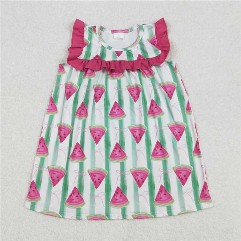 3.4GSD1911 Pink bow pattern watermelon green striped sleeveless dress