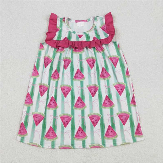 3.4GSD1911 Pink bow pattern watermelon green striped sleeveless dress