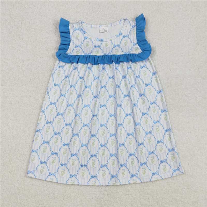 3.4GSD1893 Flower leaf blue lace bow pattern striped sleeveless dress