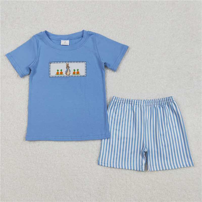 3.5 BSSO1026 Embroidered carrot rabbit blue short-sleeved striped shorts suit