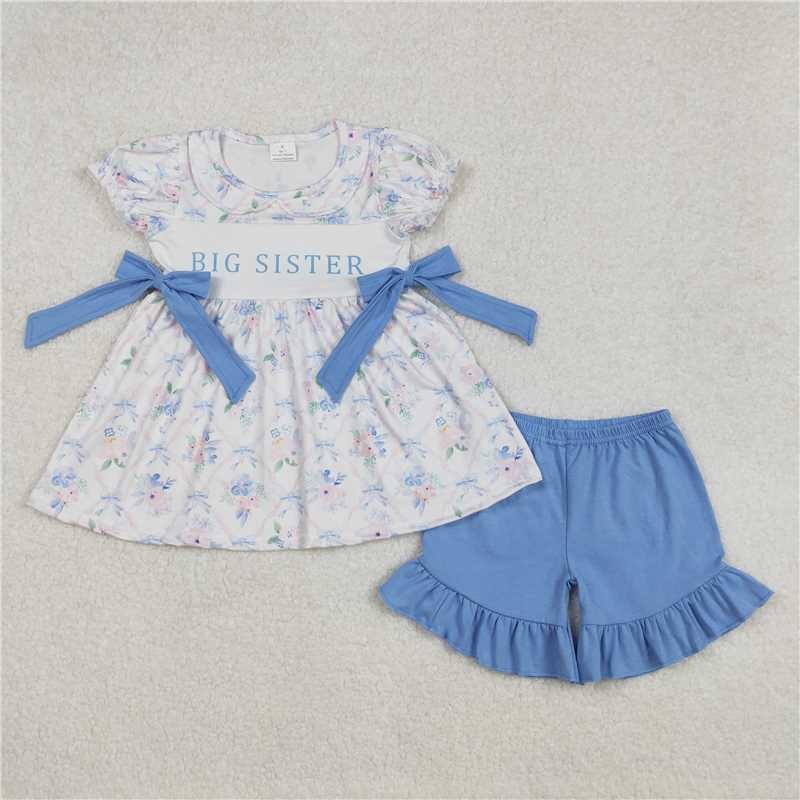 3.4 GSSO1875 Big sister flower blue bow doll collar white short-sleeved shorts suit
