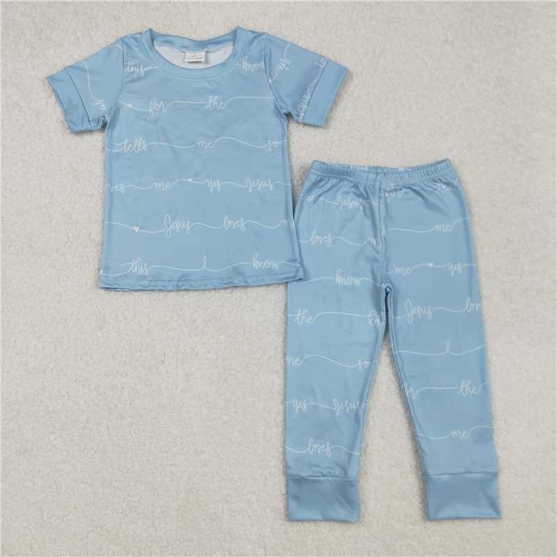 3.5 BSPO0529 jesus loves me blue short-sleeved trousers pajamas set