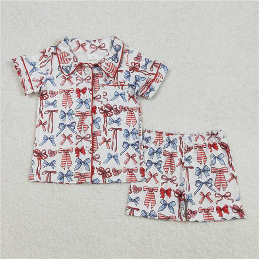 3.4GSSO1966 National Day bow pattern white short-sleeved shorts pajamas set