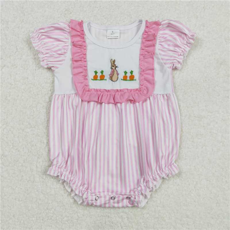 3.5 SR2144 Embroidered carrot rabbit lace pink striped short-sleeved jumpsuit