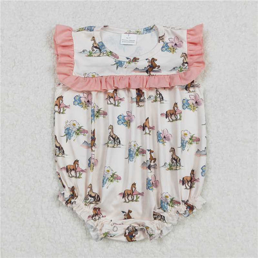 3.4 SR2690 Girls cowboy horse flower pattern pink lace beige vest jumpsuit 7
