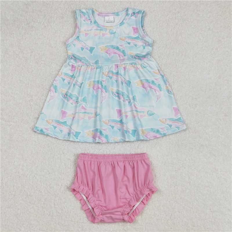 4.7 GBO0464 Fish pattern blue sleeveless pink briefs set