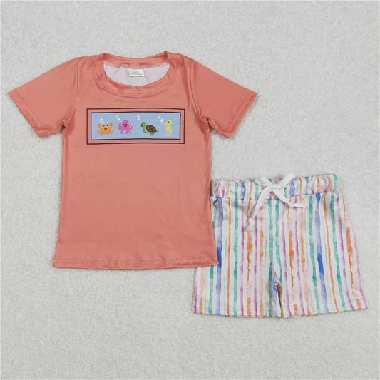 3.5 BSSO1278 Crab Octopus Turtle Seahorse Animal Orange Short Sleeve Color Striped Shorts Set