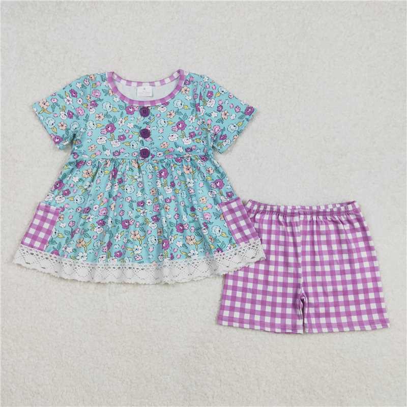 3.4GSSO2011 Floral purple plaid pocket blue short-sleeved shorts suit