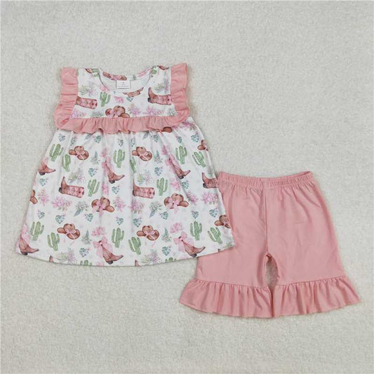 3.4 GSSO2066 Pink bow pattern hat cactus flower lace white sleeveless shorts set