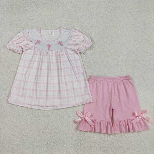 3.4 GSSO1855 Embroidered Easter Cross Pink Plaid Short Sleeve Shorts Set