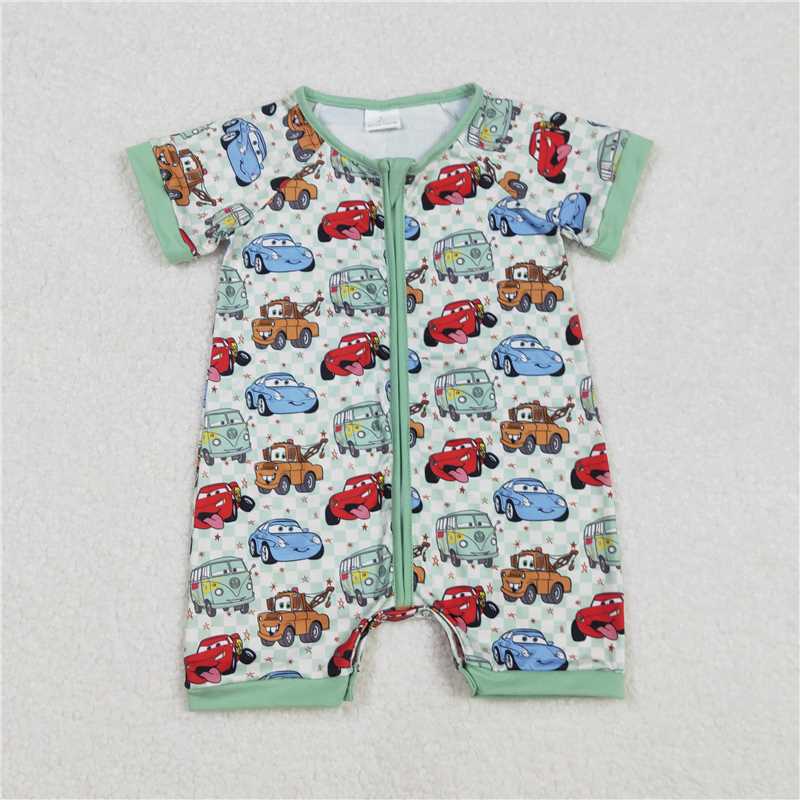 3.18  SR2373 cars Cars Green Plaid Zipper Short Sleeve Jumpsuit
