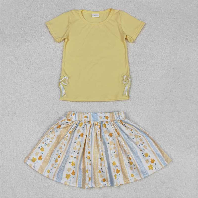 3.4GSD1716 Embroidered bow solid yellow short-sleeved flower striped pants skirt suit