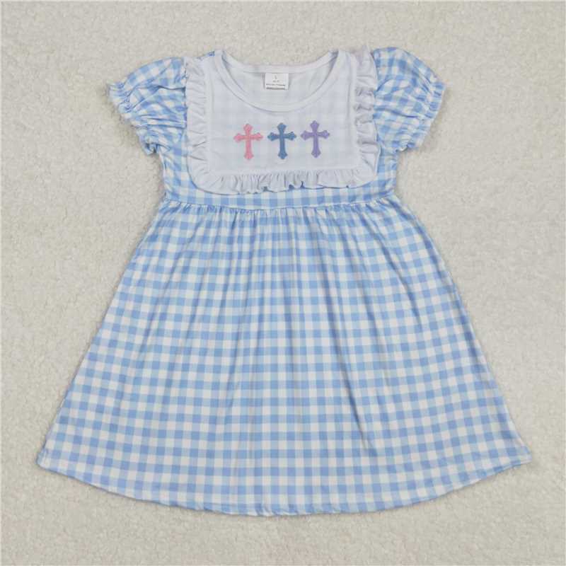 3.4GSD1522 Embroidered cross lace blue plaid short-sleeved dress 7