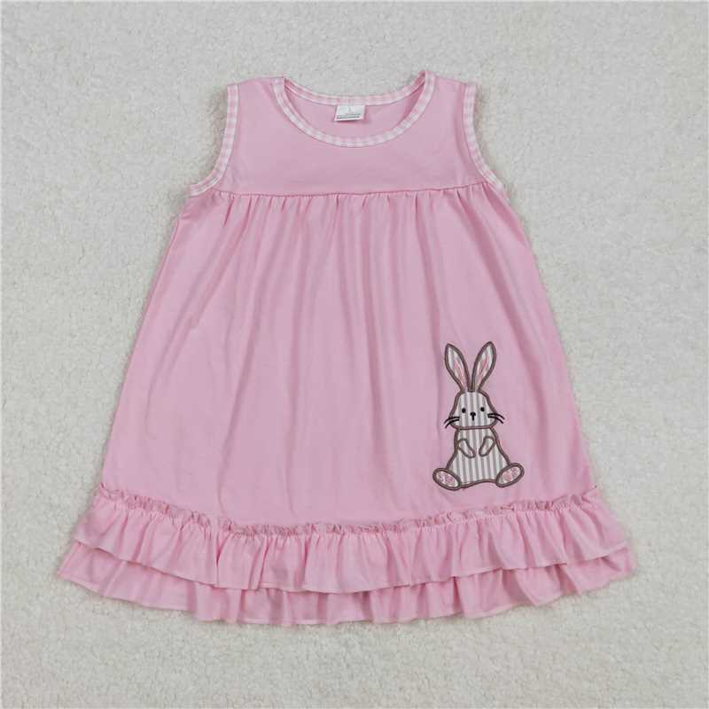3.4GSD1671 Easter stripes embroidered bunny pink sleeveless dress
