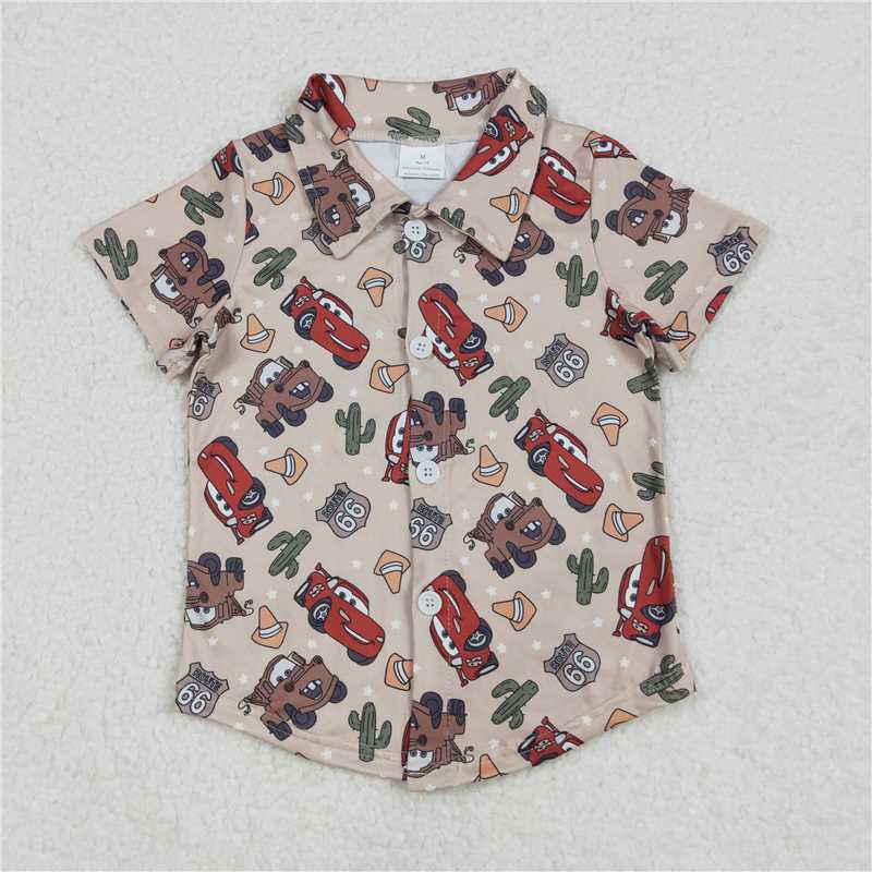 3.5 BT1154 cars Cactus Star Button Brown Short Sleeve Top