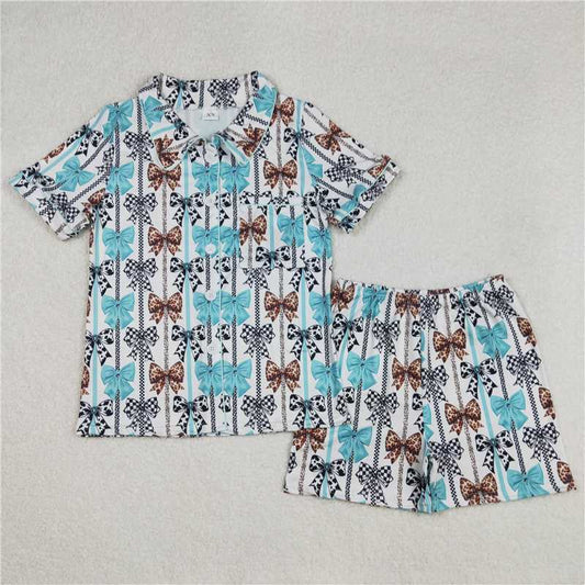 4.9  GSSO1856 Adult female striped leopard checkered bow pattern blue and white short-sleeved shorts pajamas set